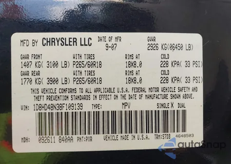 2008 Dodge Durango Slt z USA, uszkodzony, nr VIN 1D8HD48N38F109139